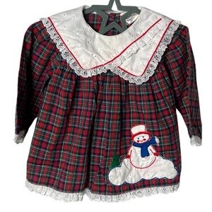 Vintage Mini Togs Dress Plaid Christmas Winter Holiday Snowman Baby Girl